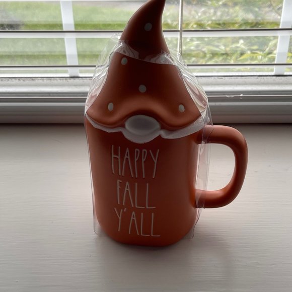 New Rae Dunn by Magenta Orange Ivory Happy Fall Y'all Gnome Mug with Lid - Picture 1 of 8